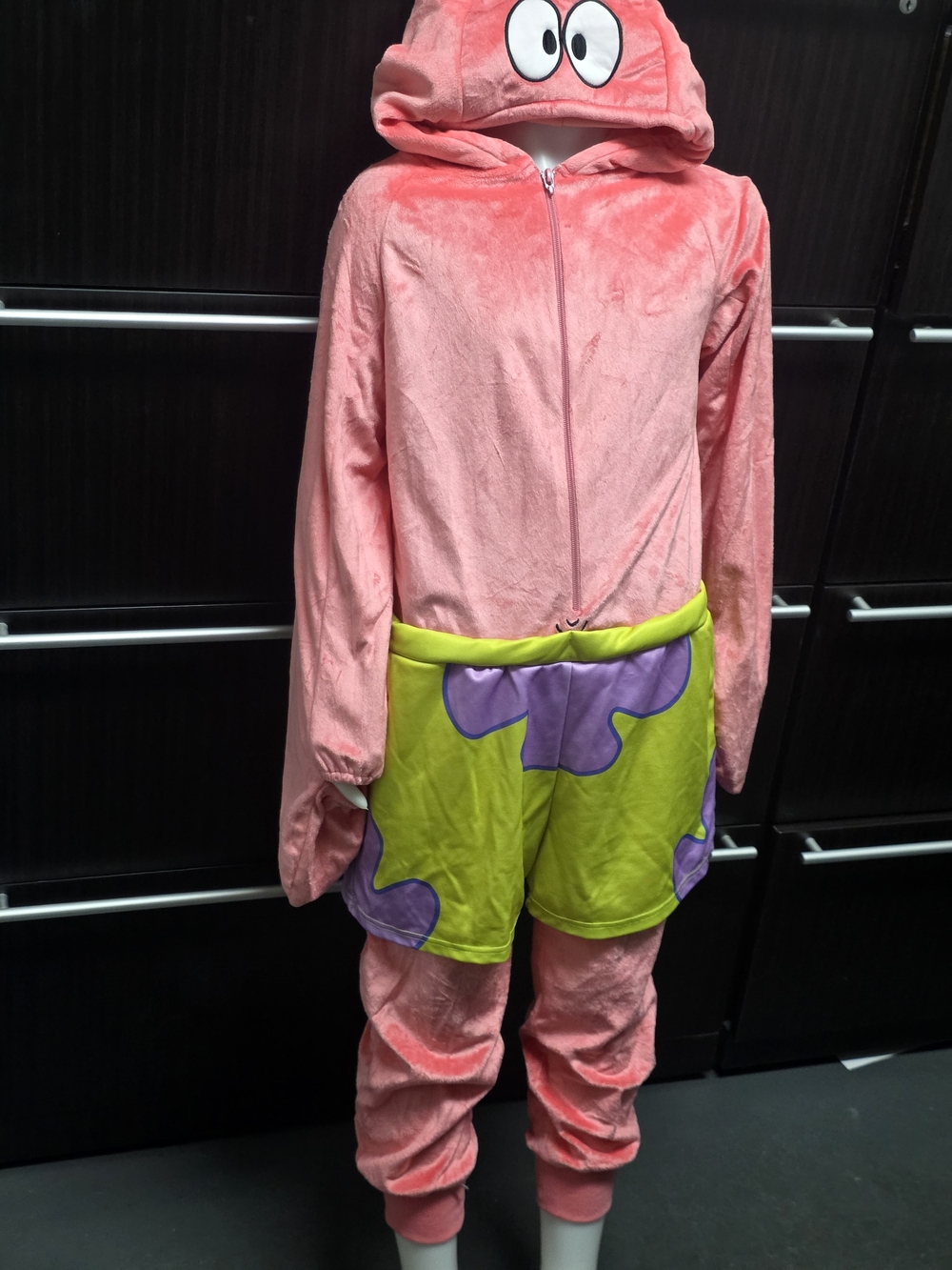 Party City Pink Plush Character Hoodie Costume with Green & Purple Shorts Accent